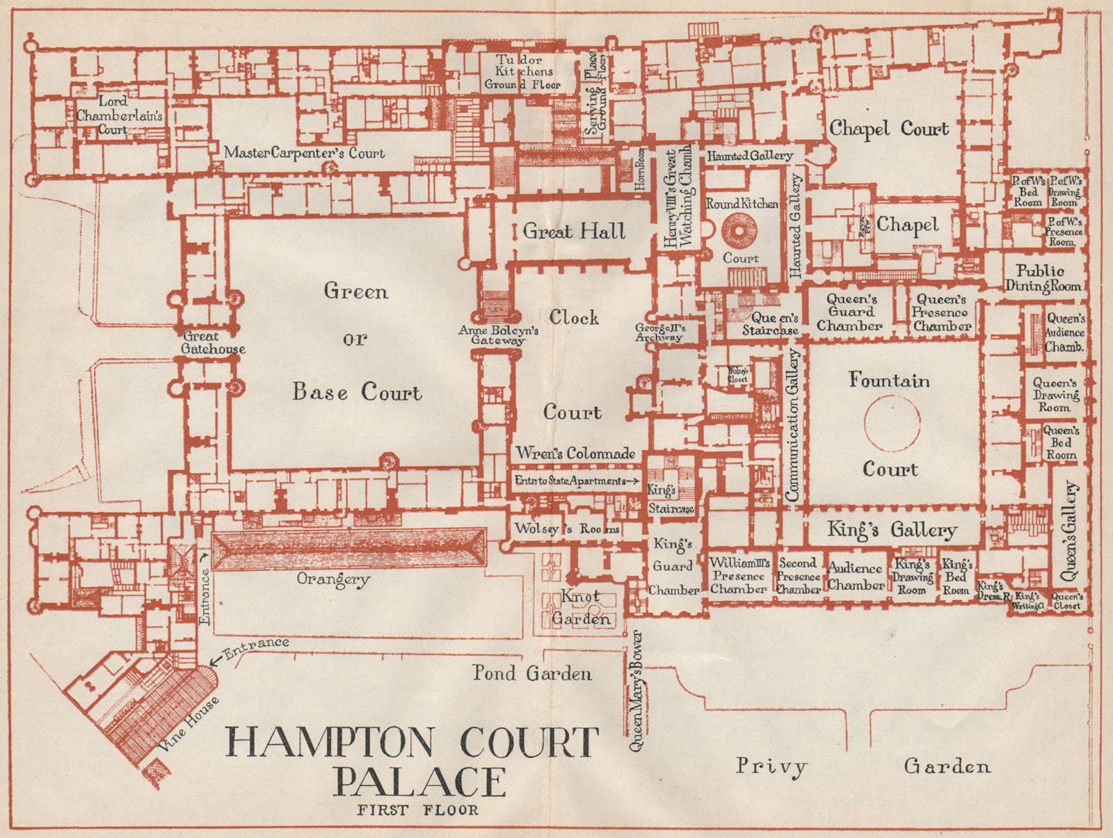 HAMPTON COURT PALACE. Vintage plan. First floor. London 1927 old vintage map